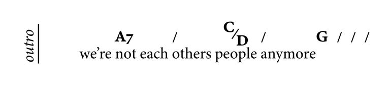 A line of lyrics labeled "Outro." Above the lyrics is a line of chords, one of which is C/D where the C is raised above a diagonal slash and the D is lowered below it, like a fraction.