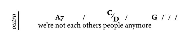A line of lyrics labeled "Outro." Above the lyrics is a line of chords, one of which is C/D where the C is raised above a diagonal slash and the D is lowered below it, like a fraction.