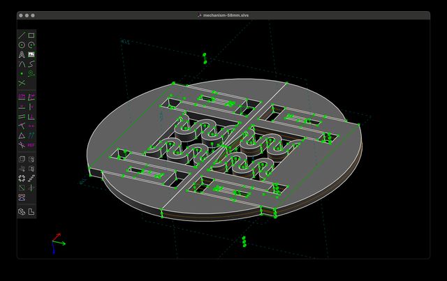 The same extruded object, but now repeated across the axis so it produces a full circular object.