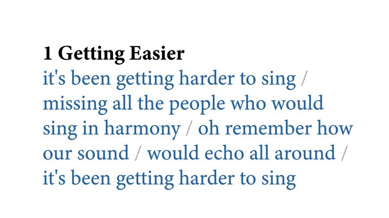 Screenshot of a stanza of lyrics with lyric lines divided by slashes. The text is blue, but the slashes are a light gray.