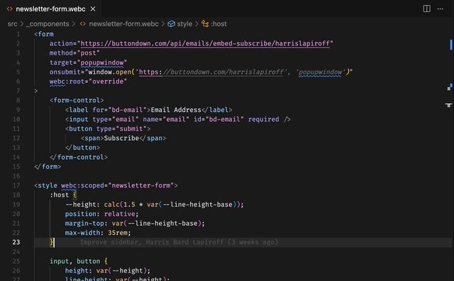 Screenshot of a code editor with a file named newsletter-form.webc open. The code is syntax highlighted, even the custom form-control element in the middle of the page and the CSS styles at the bottom.