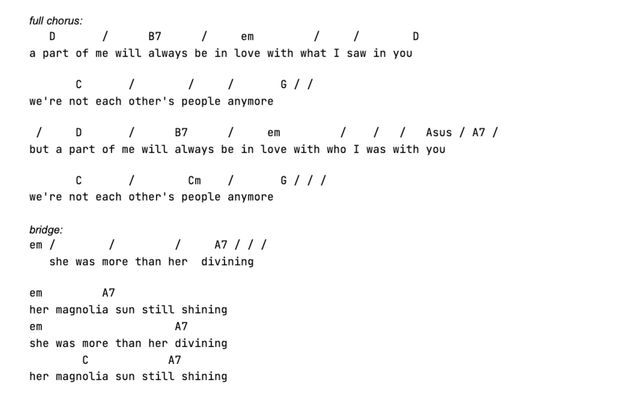Screenshot of a monospace text document with lines of lyrics interspersed with lines of chord symbols. The chord symbols are aligned above the word that corresponds to the moment of chord change.