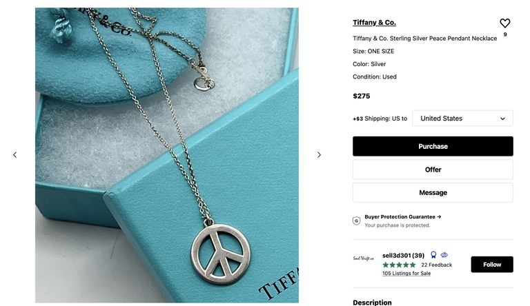 Screenshot of an online shopping page for Tiffany & Co. The product being displayed is a "Tiffany & Co. Sterling Silver Peace Pendant Necklace" being sold for $275. The product photo displays the necklace staged on a Tiffany & Co. box that is colored Tiffany's characteristic teal.