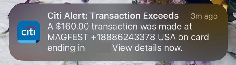 Screenshot of a phone notification reading "Citi Alert: Transaction Exceeds. A $160.00 transaction was made at MAGFEST USA on card ending in. View details now."