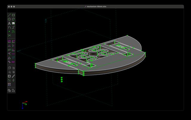 The 2D sketch of a lens cap mechanism extruded linearly into a 3D object with flat edges