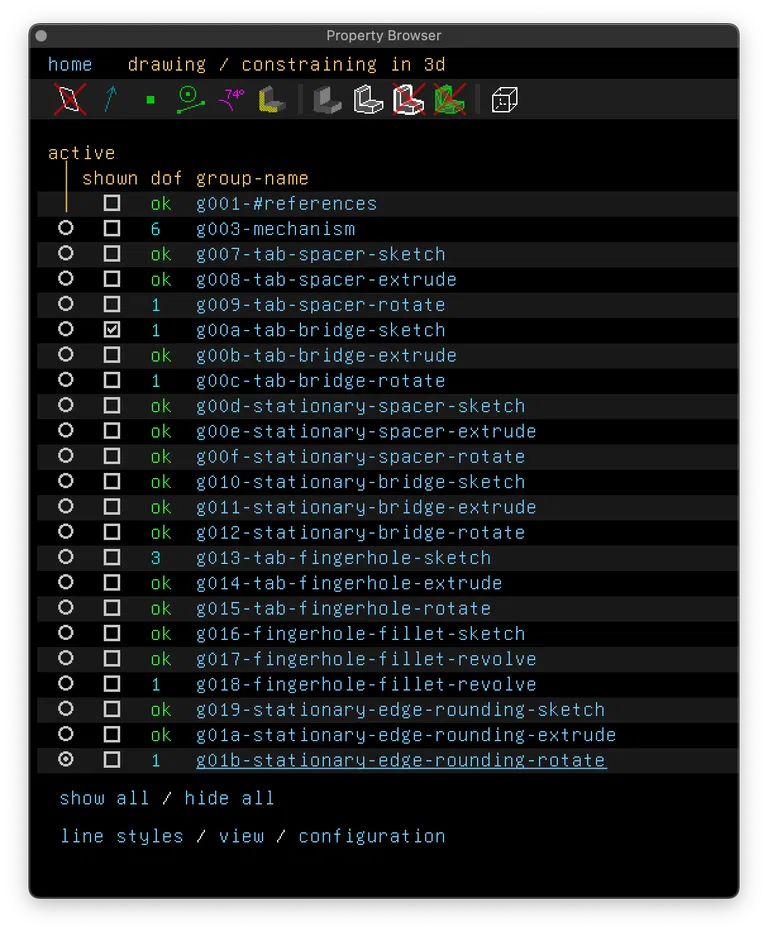 The property viewer showing all the groups of the lens cap.