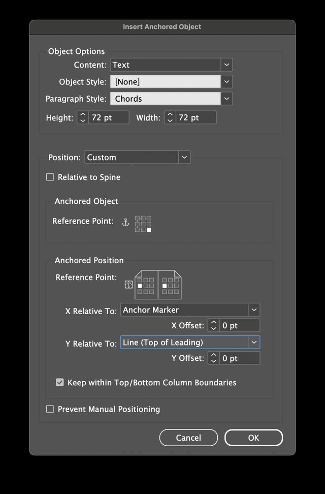 A settings panel titled "Insert Anchored Object" with a suite of dropdowns, number inputs, and checkboxes to configure.