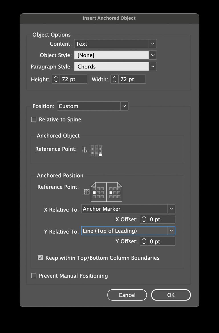 A settings panel titled "Insert Anchored Object" with a suite of dropdowns, number inputs, and checkboxes to configure.