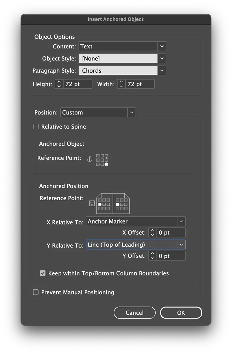 A settings panel titled "Insert Anchored Object" with a suite of dropdowns, number inputs, and checkboxes to configure.