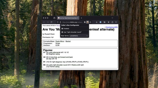 Screenshot of a firefox window showing a dance from the website The Caller's Box. The role terms used are Larks and Robins. Overlaid on top of the website is a settings popover with fields for specifying which role terms to use, whether to use "Right Shoulder Round," and whether to enable the plugin at all.