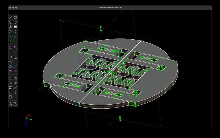 The same extruded object, but now repeated across the axis so it produces a full circular object.