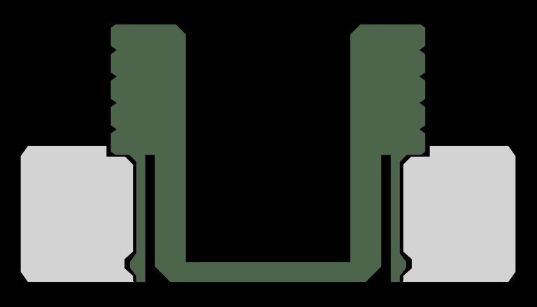2D cutaway diagram of two joined components. A green component in the center has ridges on either side that fit into the valleys of the grey components around the perimeter.