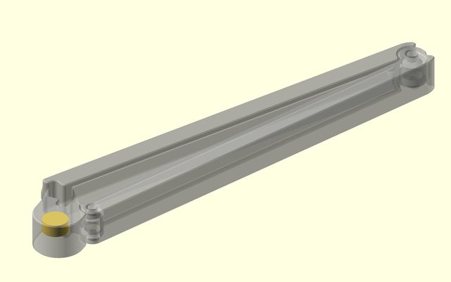 A 3D render of a bag clip, shown transparent, with a yellow cylinder embedded in the hinge of the clip