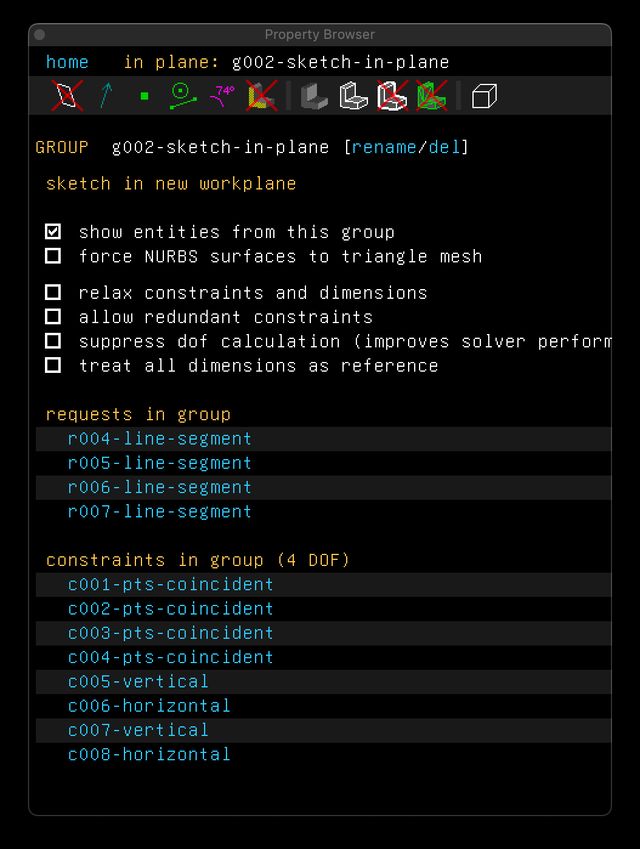 The SolveSpace property inspector listing under "requests" four line segments and under "constraints" the eight constraints enumerated above.