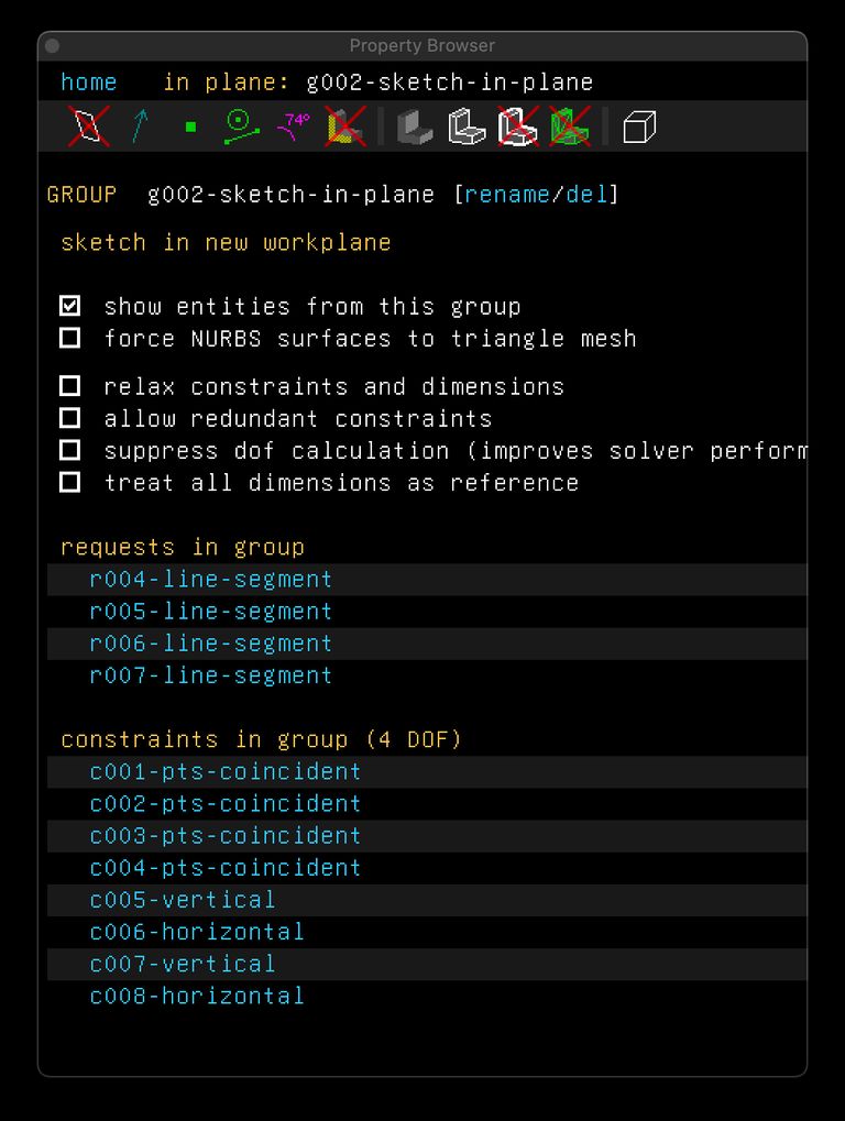 The SolveSpace property inspector listing under "requests" four line segments and under "constraints" the eight constraints enumerated above.