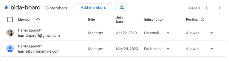 Screenshot of the interface for managing Google Groups members. There are two Harris Lapiroffs in the group. One has the email address harrislapiroff@gmail.com, the other harris@chromamine.com. The former is set to "No email." The latter is set to "Each Email."